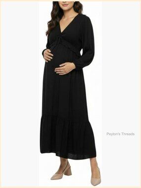 V-Neck Long Puff Sleeve Ruffle Midi Maternity Dress